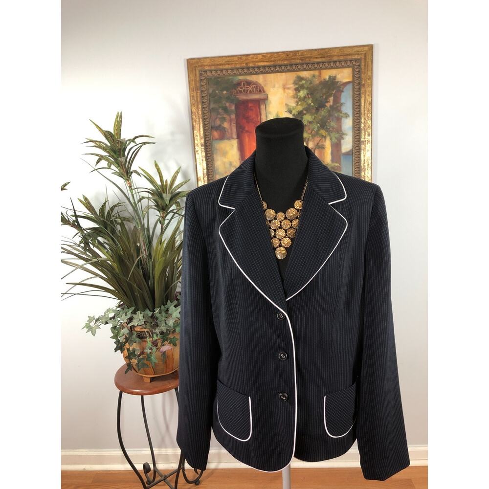Giorgio Sant'Angelo Blazer Women's Size 14 Black White Piping Detail Pinstripes